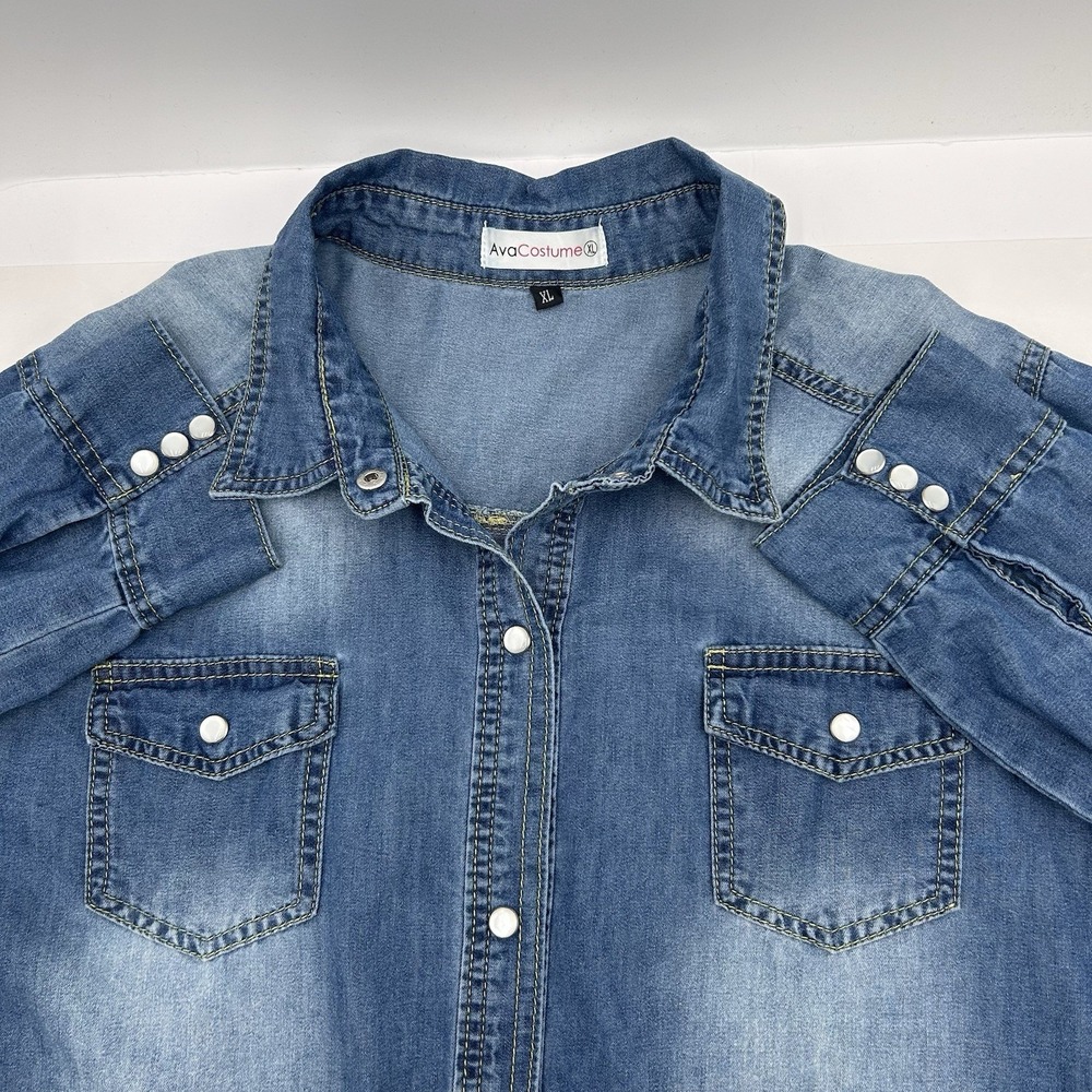 AVA COSTUME Women's X-Large Dark Blue Denim Long Sleeve Double Pockets Shirt - Picture 1 of 11